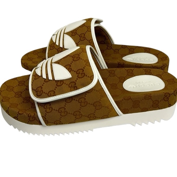 GUCCI NWT TAN BROWN WHITE MEN’S ADIDAS SLIDE SANDALS SIZE 11 MADE IN ITALY - Picture 5 of 11